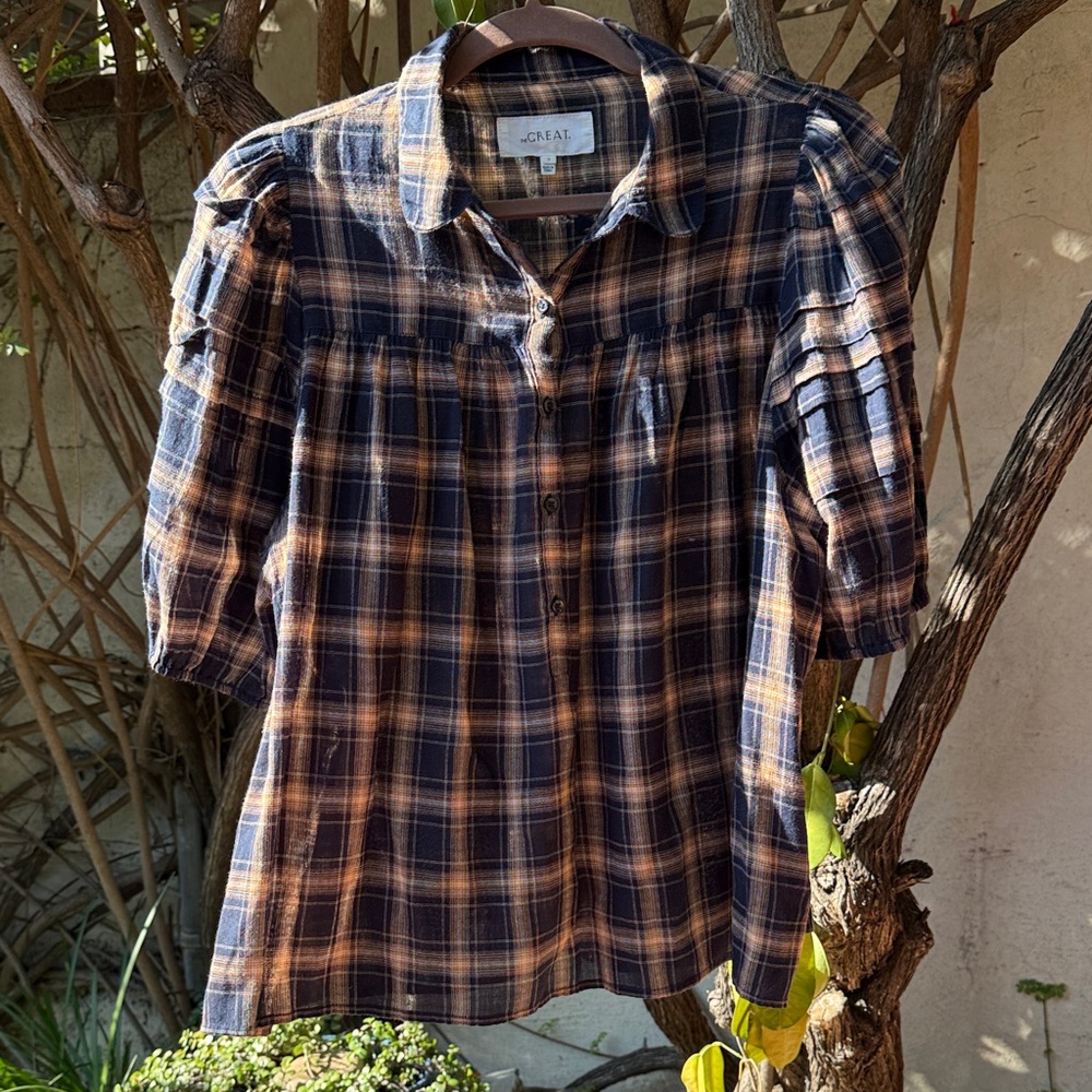 THE GREAT. Checkered Blouse in Navy and Beige